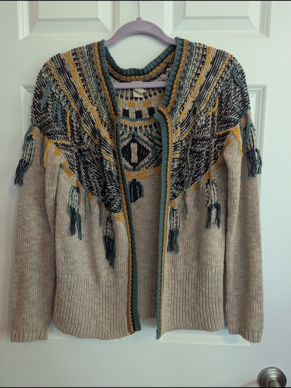 gimmicks by BKE Cream Cardigan with Teal and Mustard Fringe